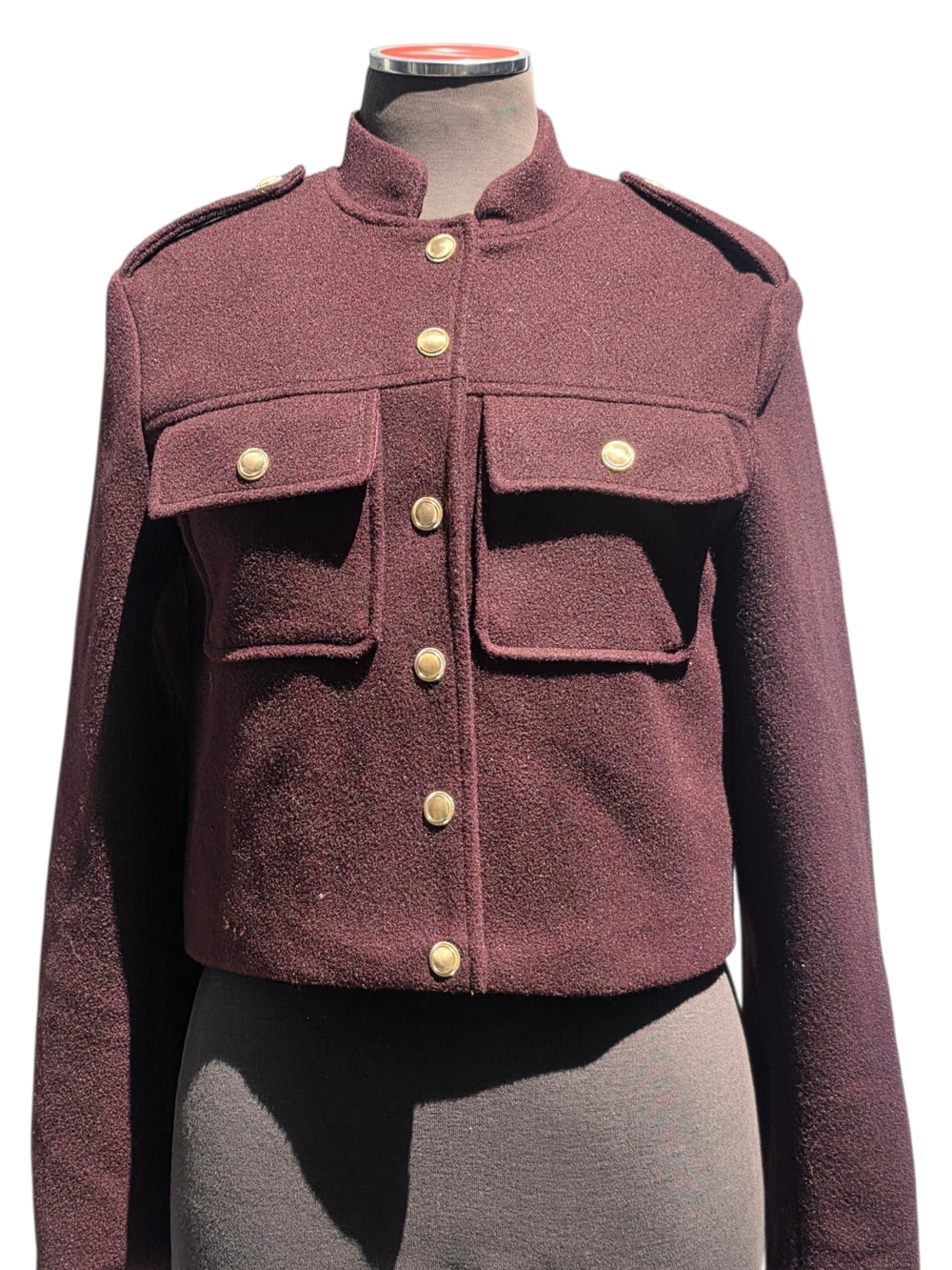 Women's Military-Style Cropped Jacket in Deep Burgundy